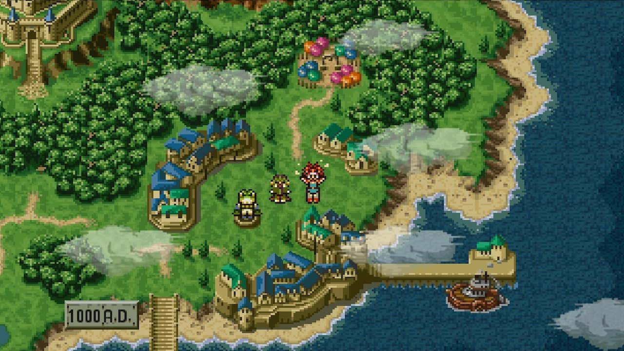 Chrono steht im Zentrum einer Spielweltkarte mit Wäldern und einer Burg